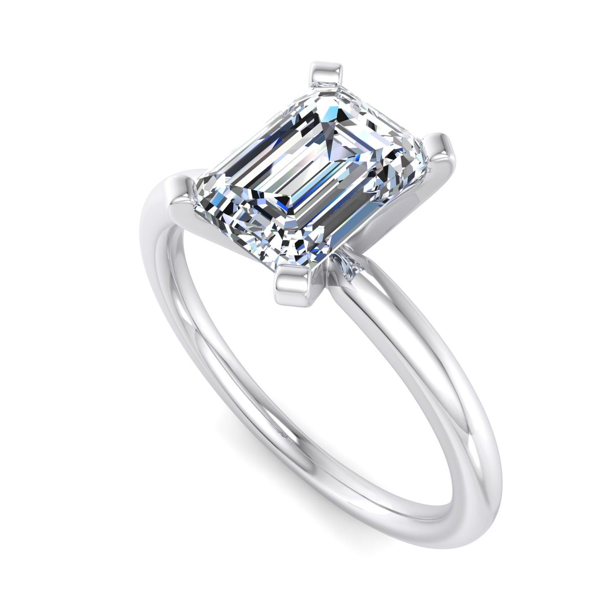 Rhenelle 4-Prong Solitaire Engagement Ring in white gold with an emerald center stone, 3D view