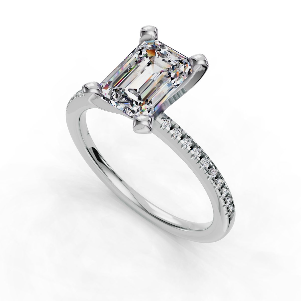 Daravel Band Pave Engagement Ring in white gold with an emerald center stone, 3D view