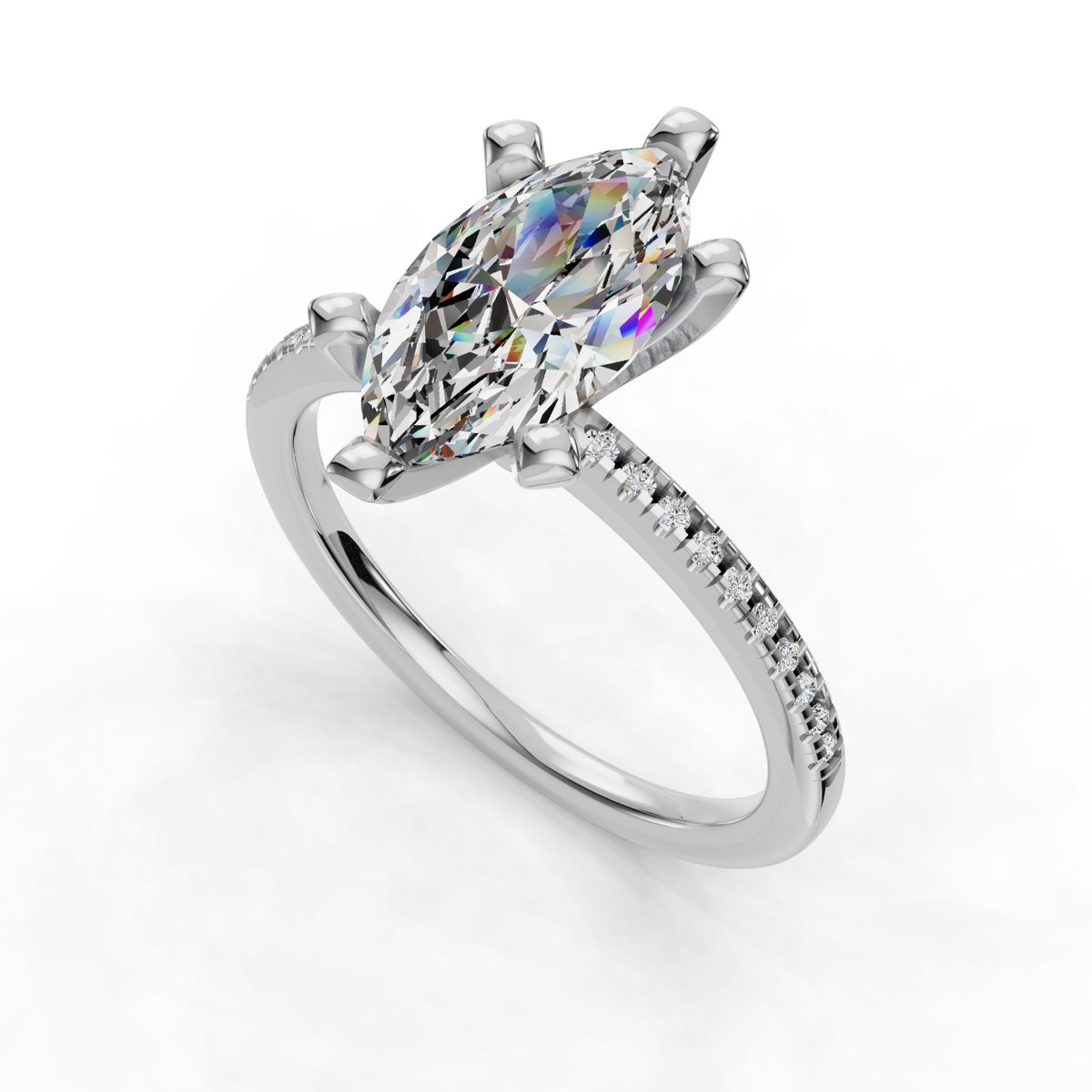 Daravel Band Pave Engagement Ring in white gold with a marquise center stone, 3D view
