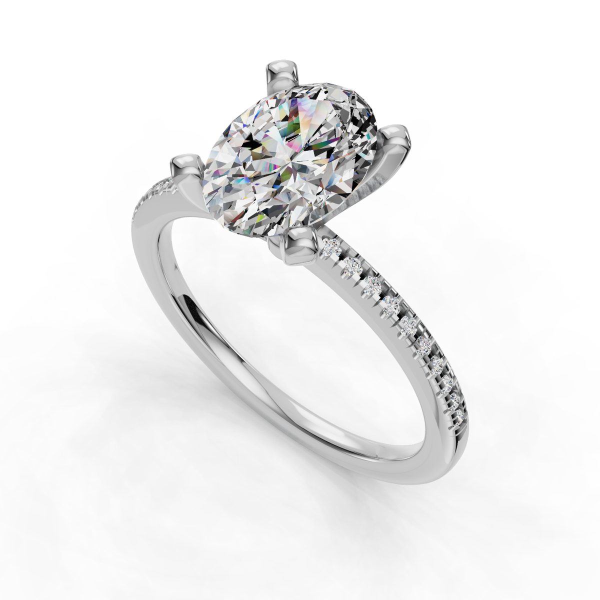 Daravel Band Pave Engagement Ring in white gold with an oval center stone, 3D view