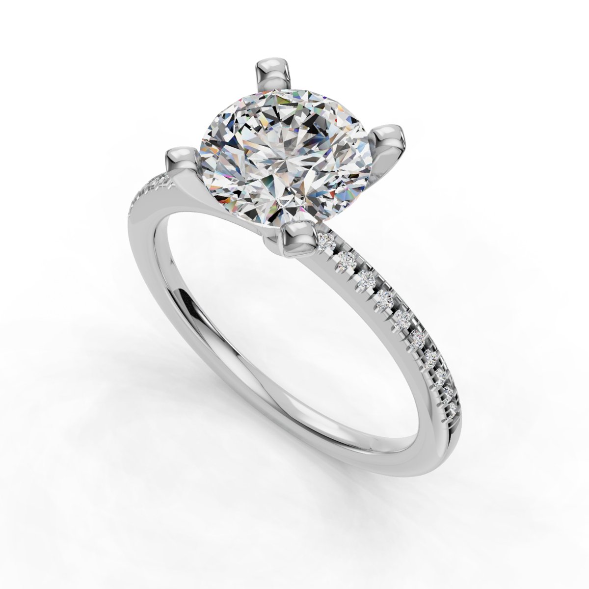 Daravel Band Pave Engagement Ring in white gold with a round center stone, 3D view