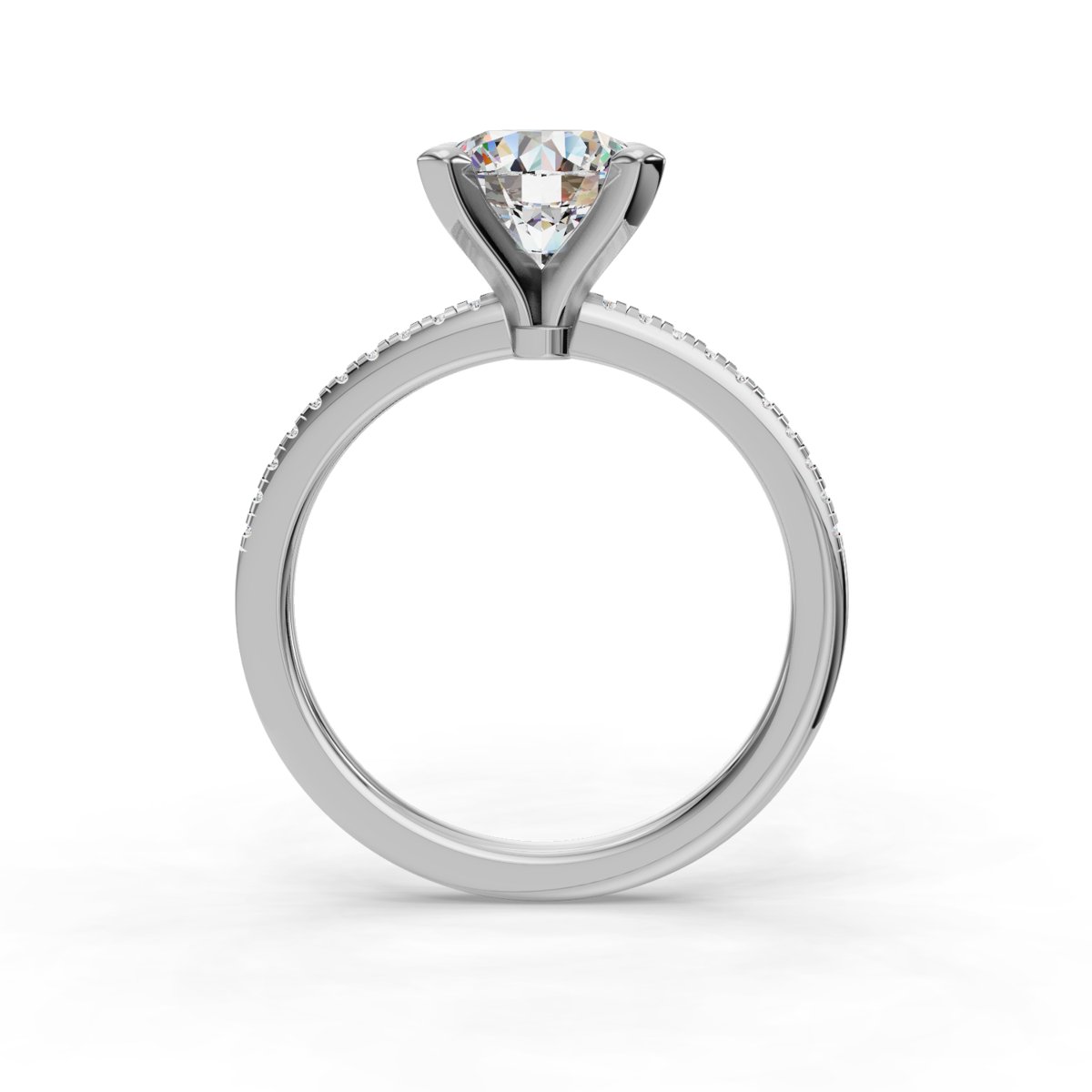 Daravel Band Pave Engagement Ring in white gold with a round center stone, front view
