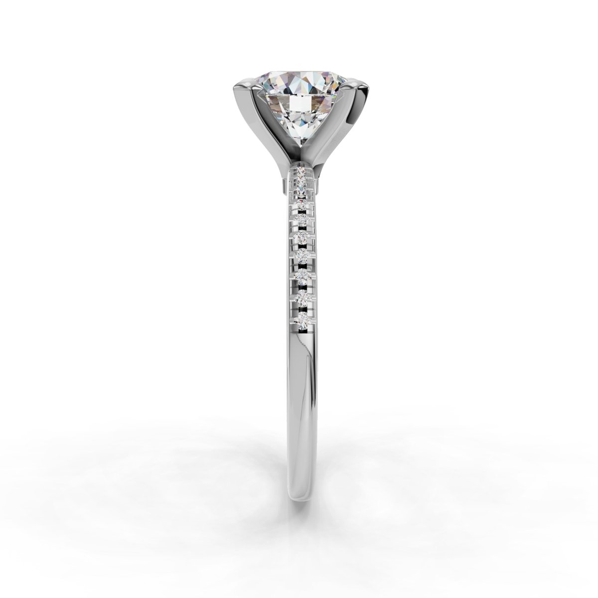 Daravel Band Pave Engagement Ring in white gold with a round center stone, side view
