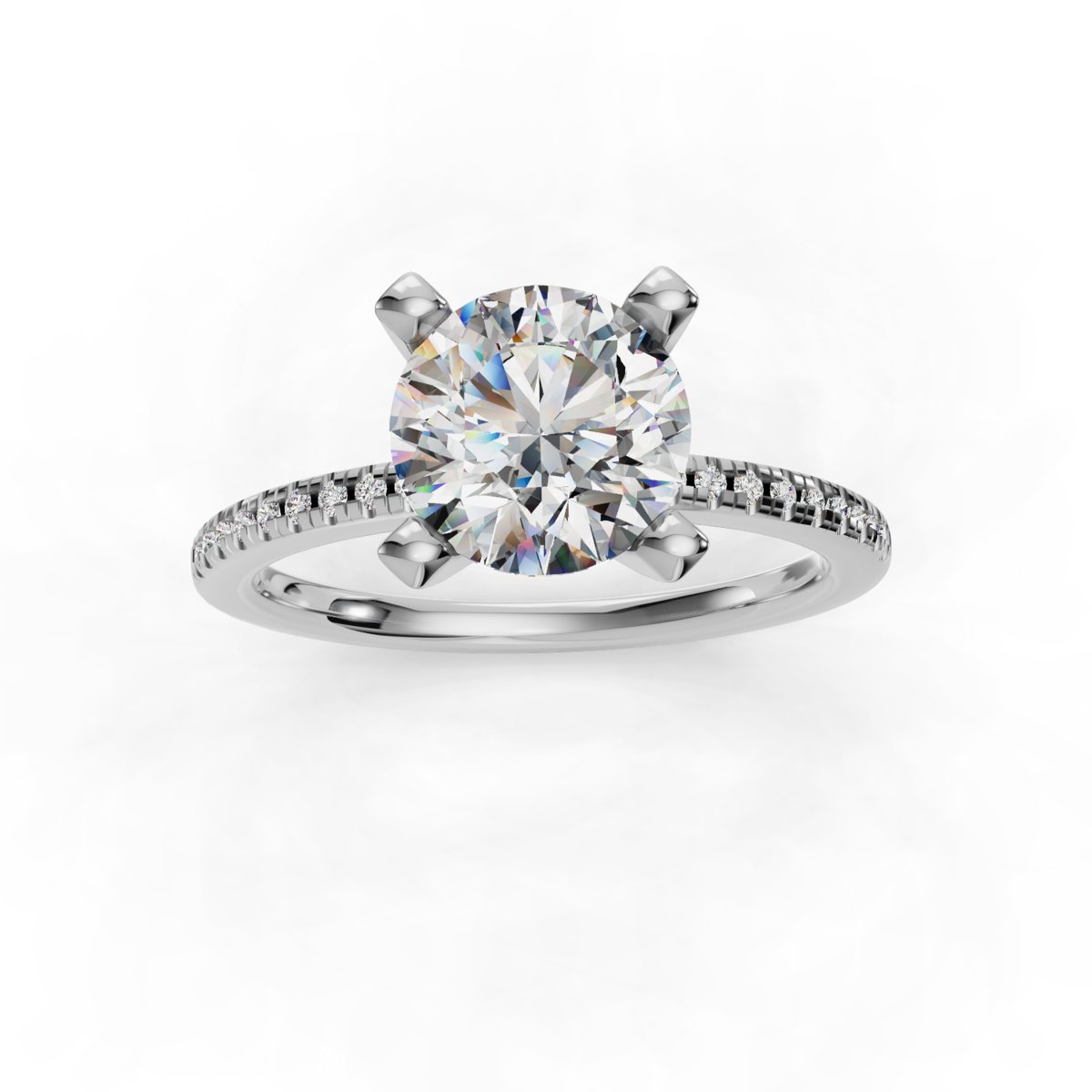Daravel Band Pave Engagement Ring in white gold with a round center stone, top view