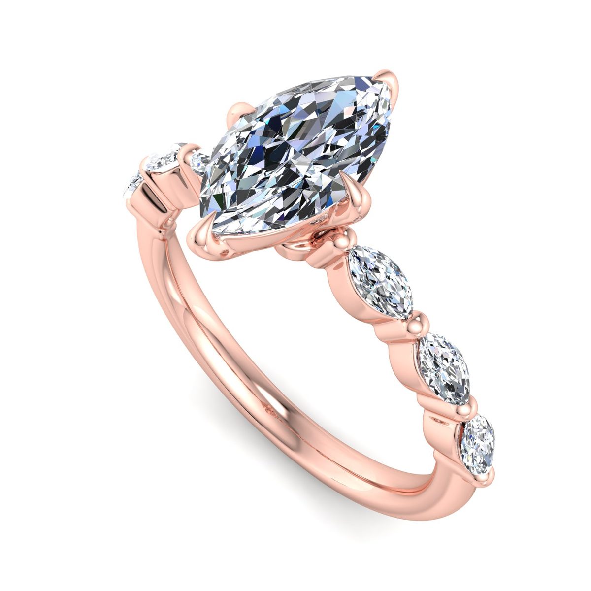 Morvane Marquise Side Stone Engagement Ring in rose gold with a marquise center stone, 3D view