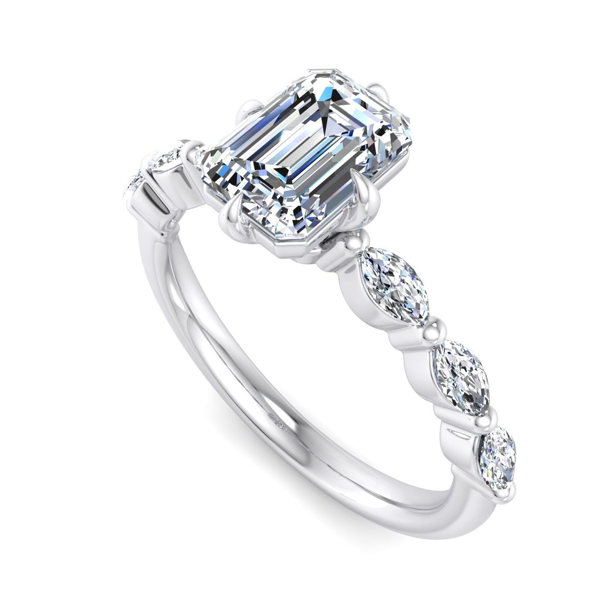 Morvane Marquise Side Stone Engagement Ring in white gold with an emerald center stone, 3D view