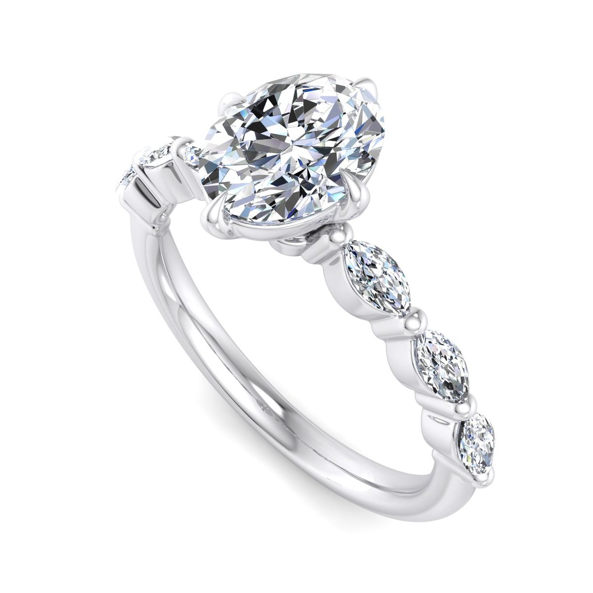 Morvane Marquise Side Stone Engagement Ring in white gold with an oval center stone, 3D view
