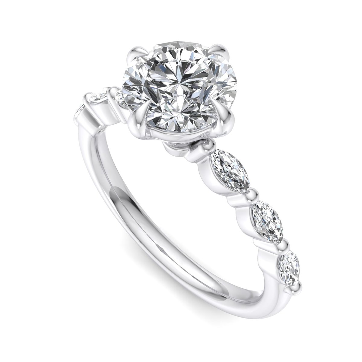Morvane Marquise Side Stone Engagement Ring in white gold with a round center stone, 3D view