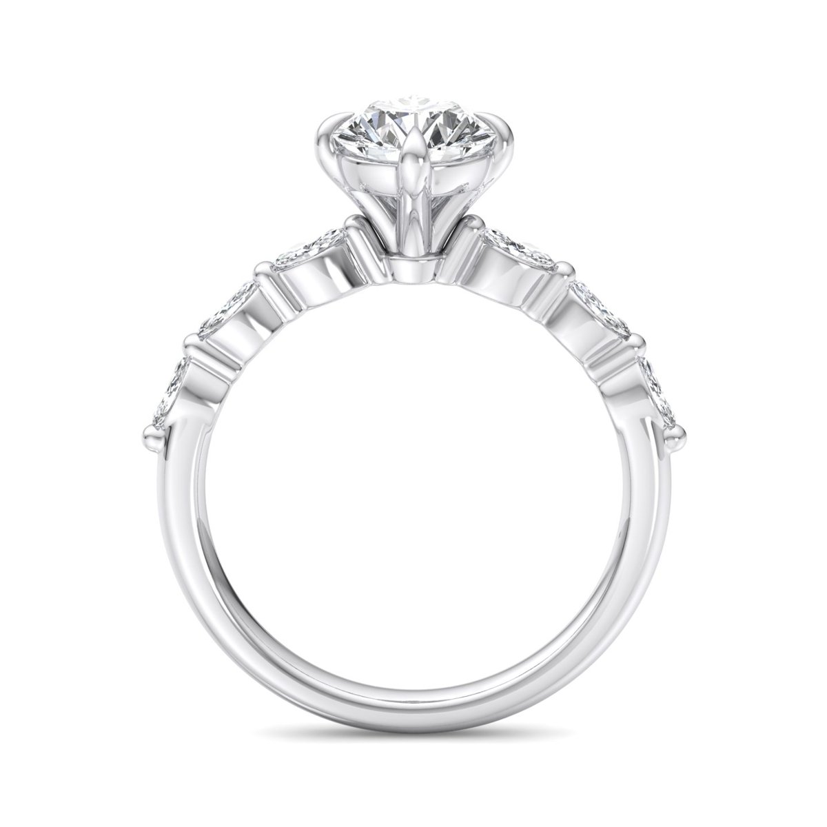 Morvane Marquise Side Stone Engagement Ring in white gold with a round center stone, front view