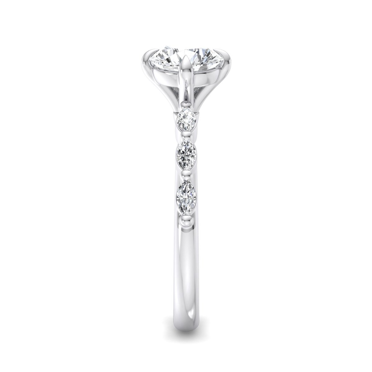 Morvane Marquise Side Stone Engagement Ring in white gold with a round center stone, side view