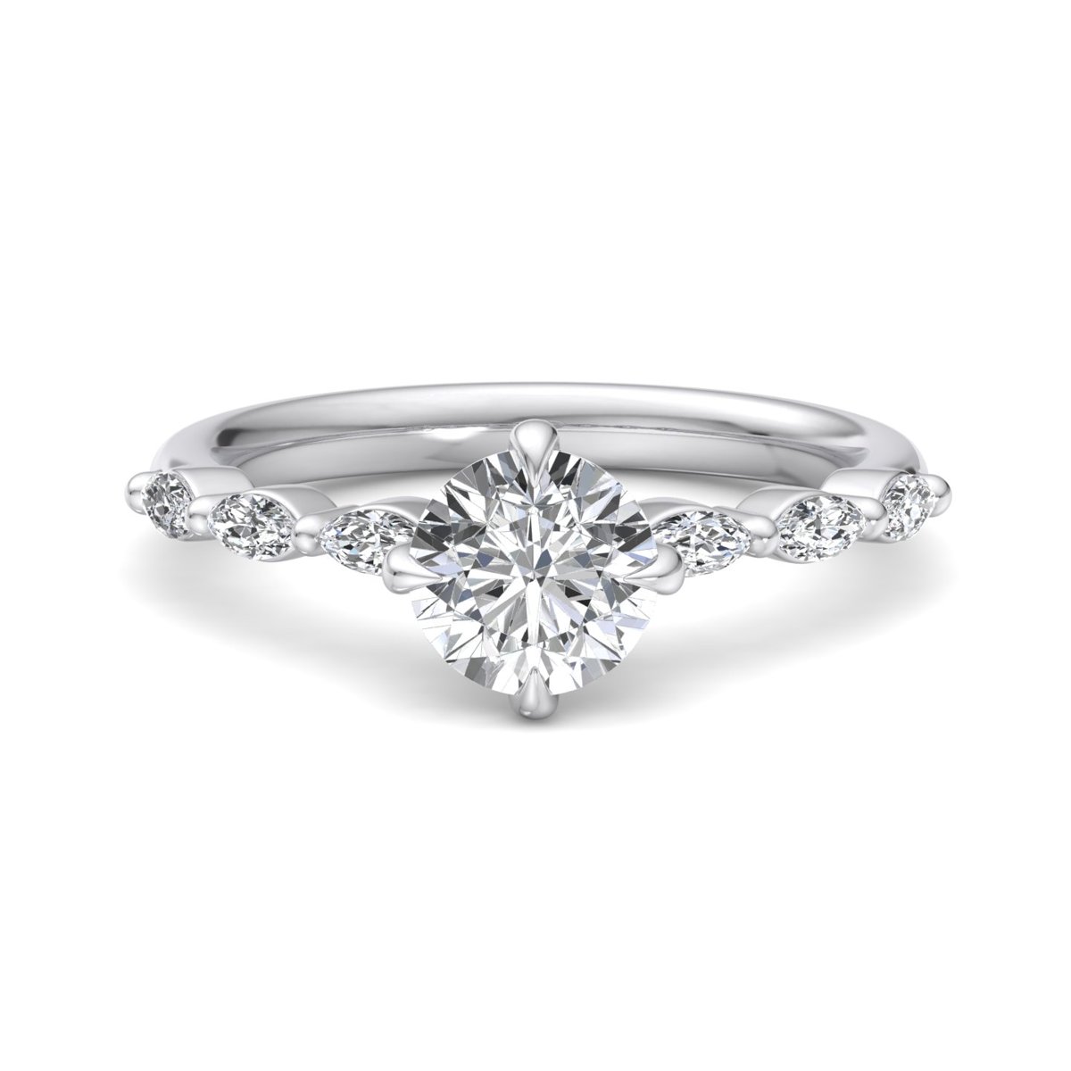 Morvane Marquise Side Stone Engagement Ring in white gold with a round center stone, top view