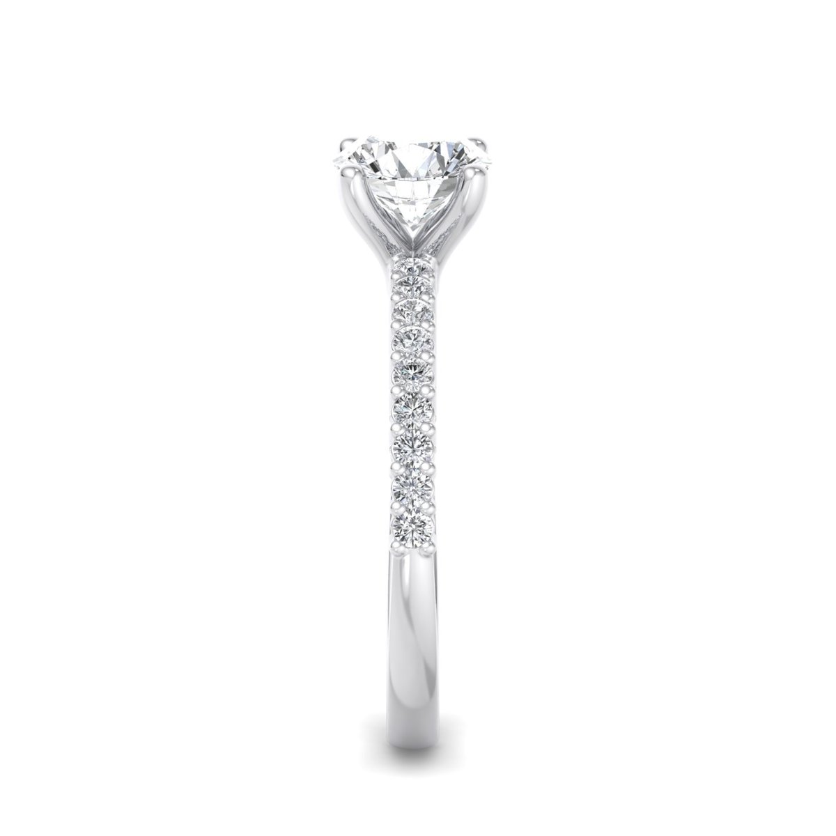 Fallowen Pave Solitaire Engagement Ring in white gold with a round center stone, side view