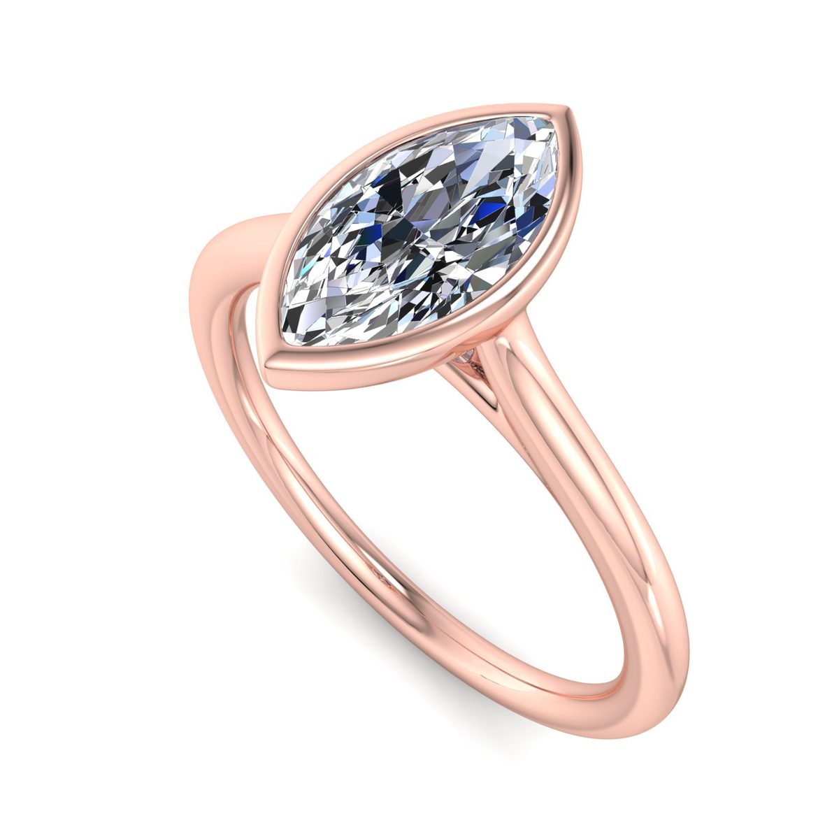 Zindel Bezel Engagement Ring in rose gold with a marquise center stone, 3D view