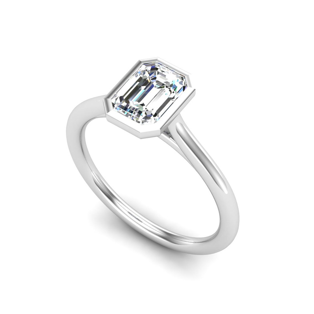 Zindel Bezel Engagement Ring in white gold with an emerald center stone, 3D view