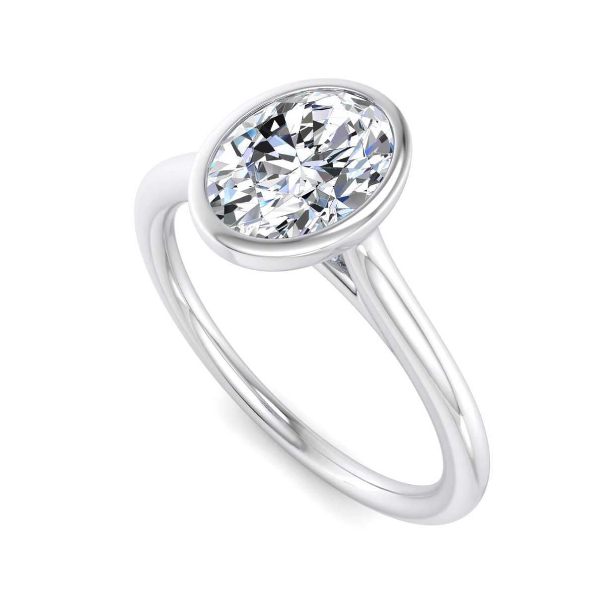 Zindel Bezel Engagement Ring in white gold with an oval center stone, 3D view