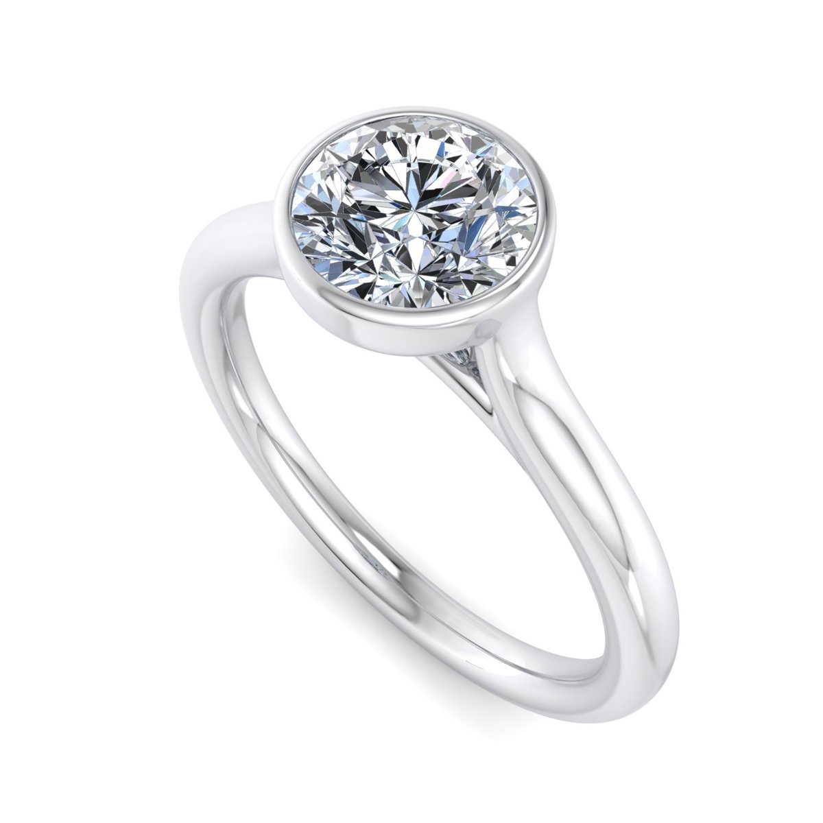 Zindel Bezel Engagement Ring in white gold with a round center stone, 3D view