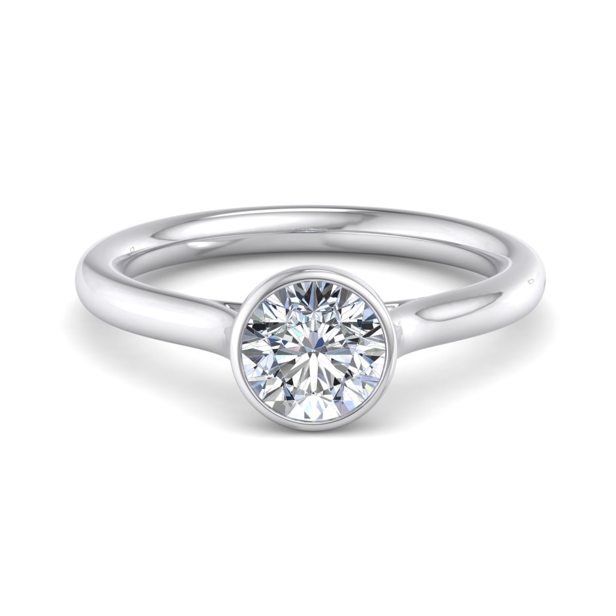 Zindel Bezel Engagement Ring in white gold with a round center stone, top view