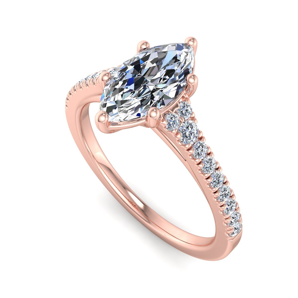 Ravelle Cathedral Pave Engagement Ring in rose gold with a marquise center stone, 3D view
