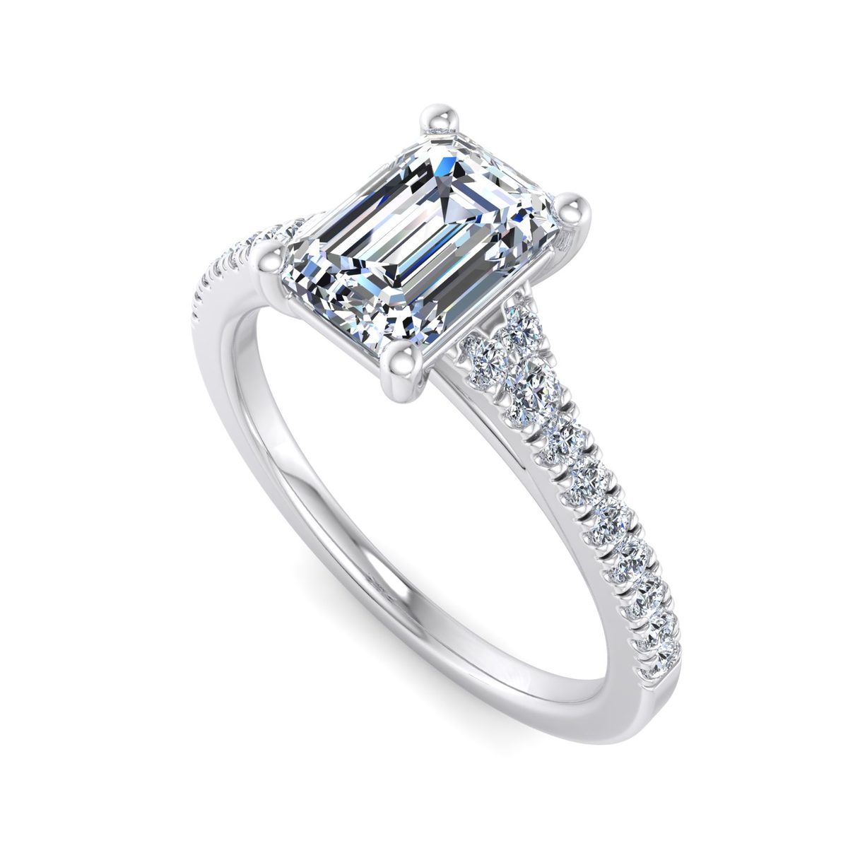 Ravelle Cathedral Pave Engagement Ring in white gold with an emerald center stone, 3D view