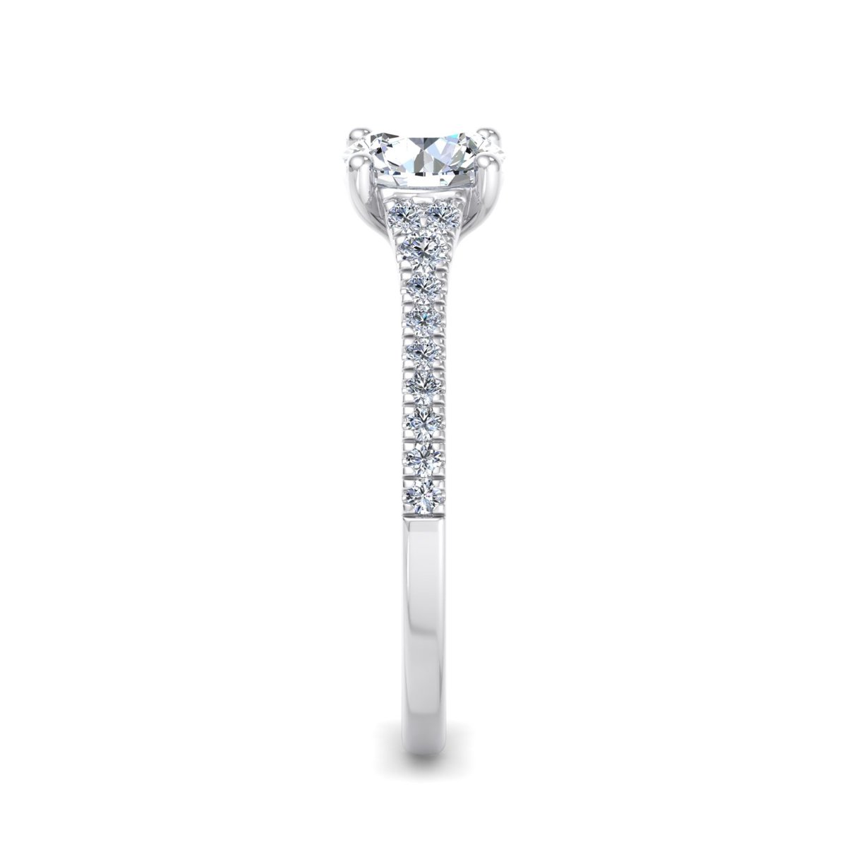 Ravelle Cathedral Pave Engagement Ring in white gold with a round center stone, side view