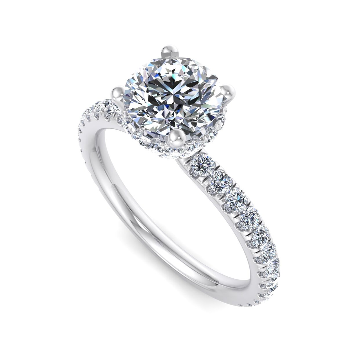 Ophrelle Double Hidden Halo Engagement Ring in white gold with a round center stone, 3D view