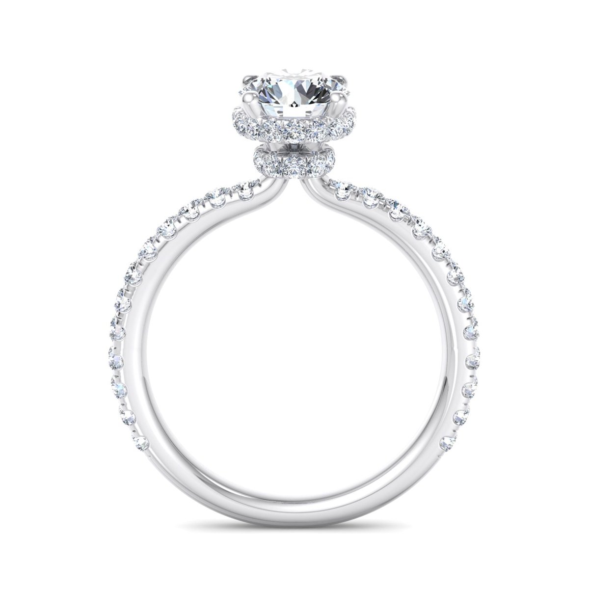 Ophrelle Double Hidden Halo Engagement Ring in white gold with a round center stone, front view