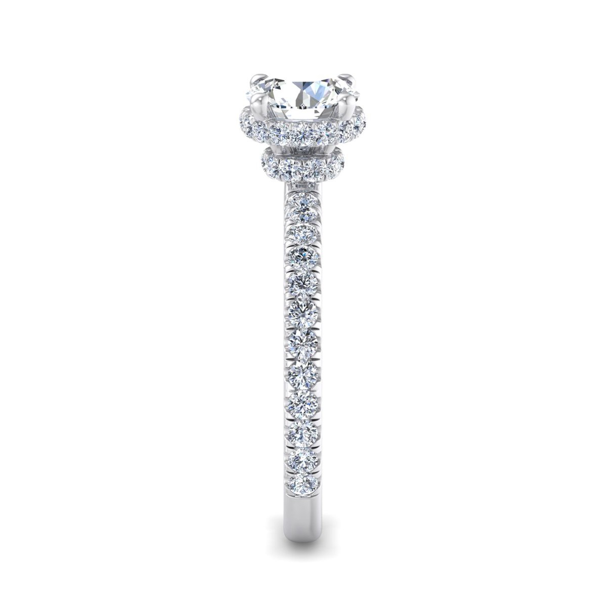 Ophrelle Double Hidden Halo Engagement Ring in white gold with a round center stone, side view
