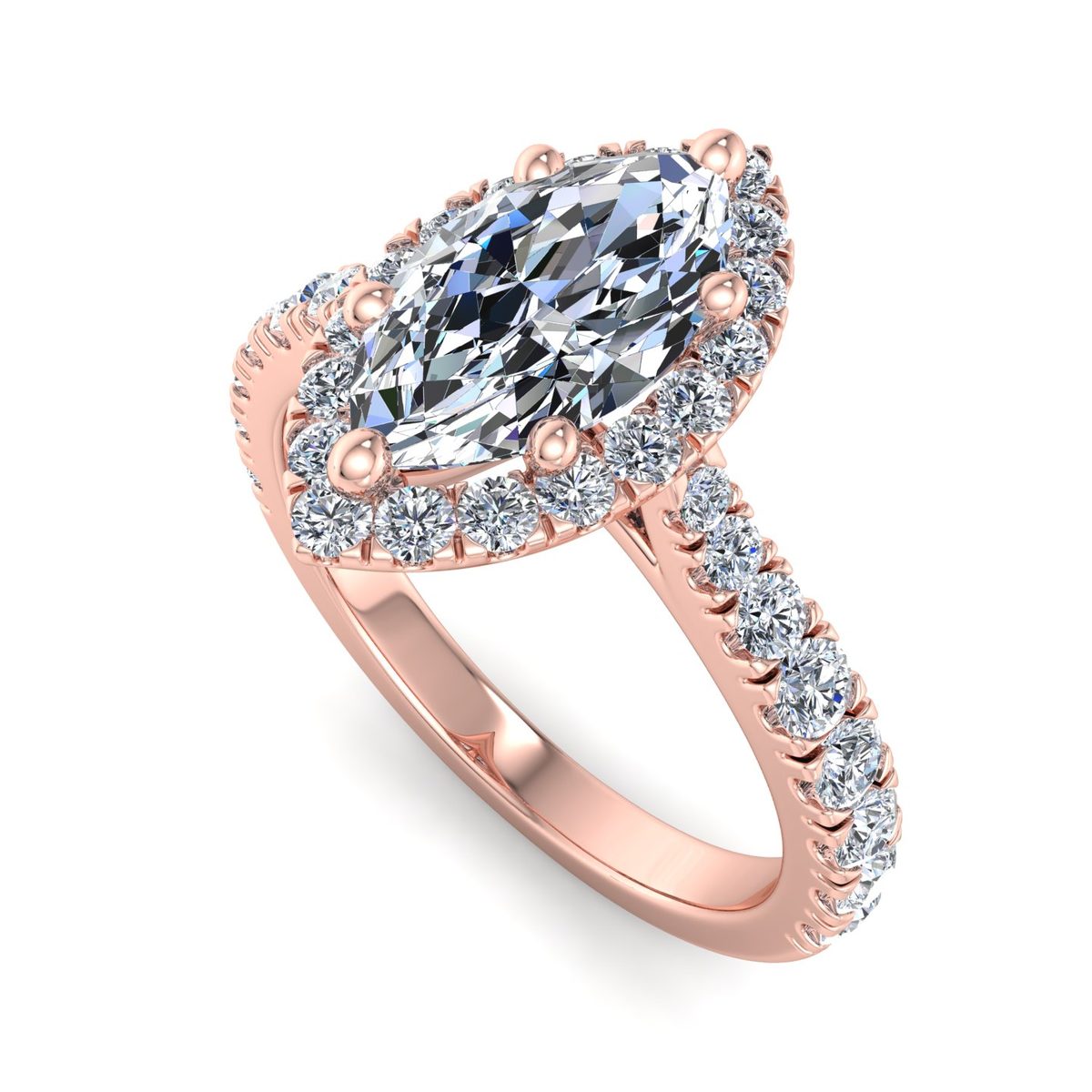Peverin Floating Halo Engagement Ring in rose gold with a marquise center stone, 3D view