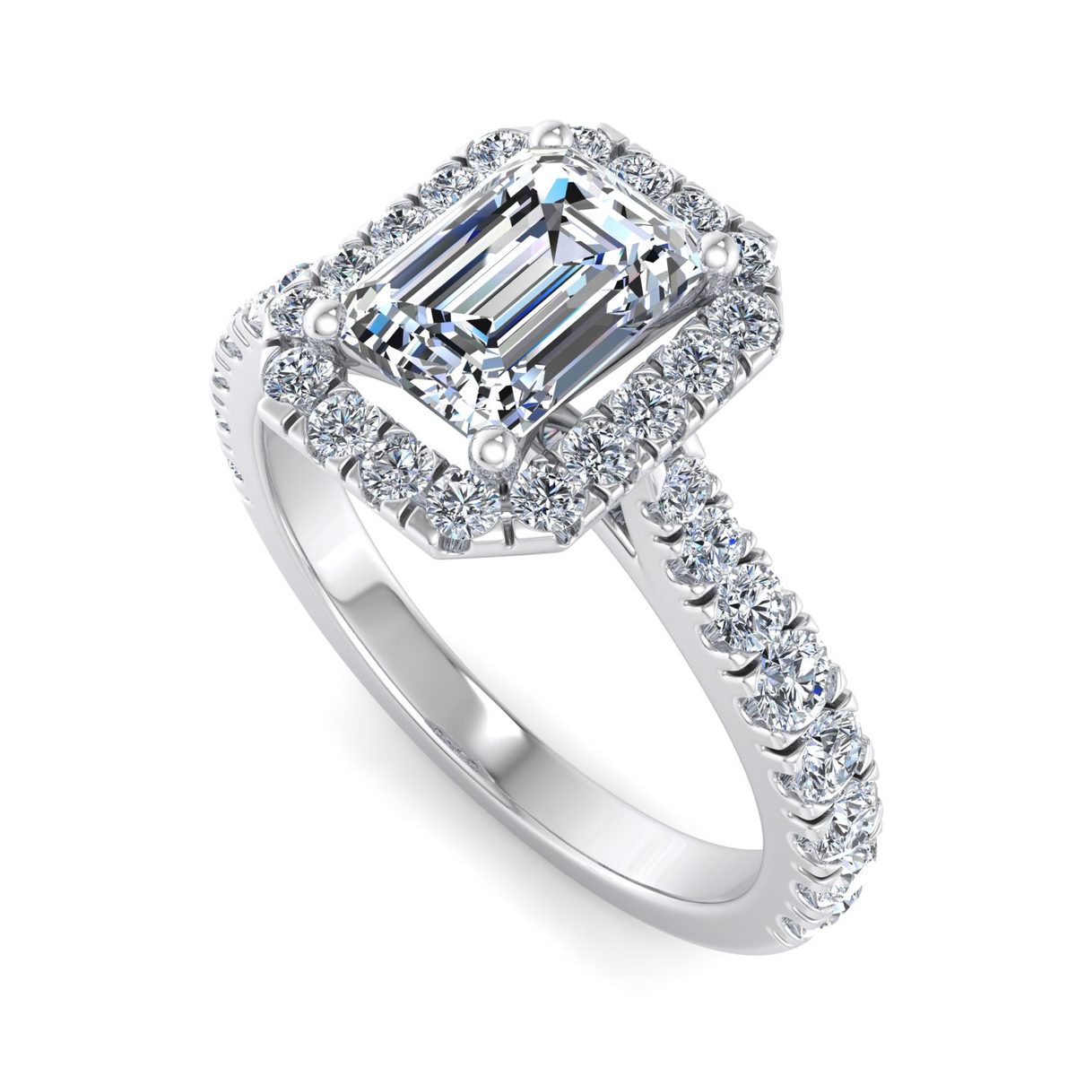 Peverin Floating Halo Engagement Ring in white gold with an emerald center stone, 3D view