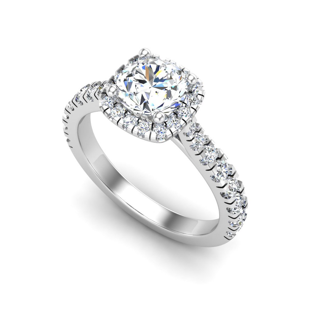 Peverin Floating Halo Engagement Ring in white gold with a round center stone, 3D view