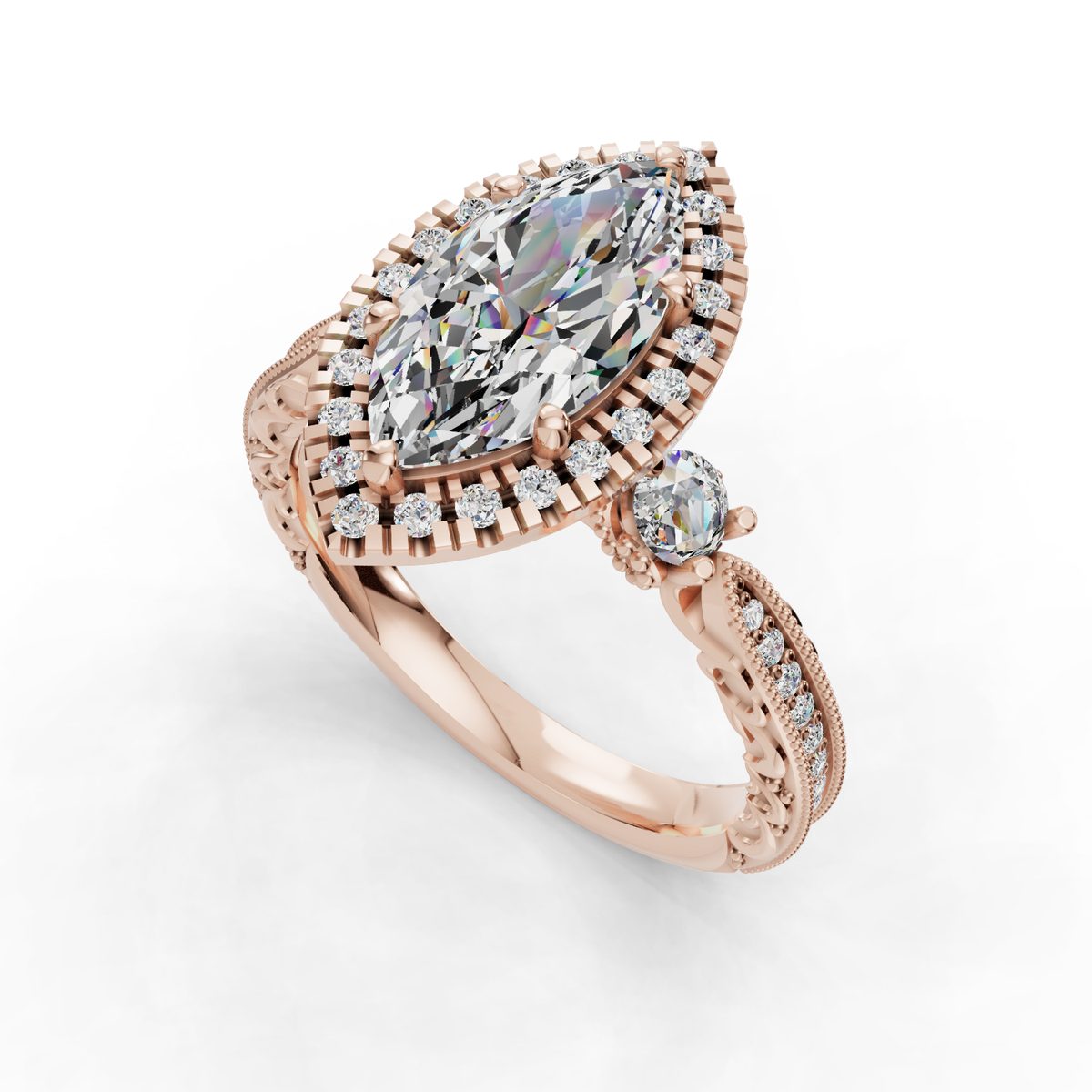 Quenara Halo Engagement Ring in rose gold with a marquise center stone, 3D view