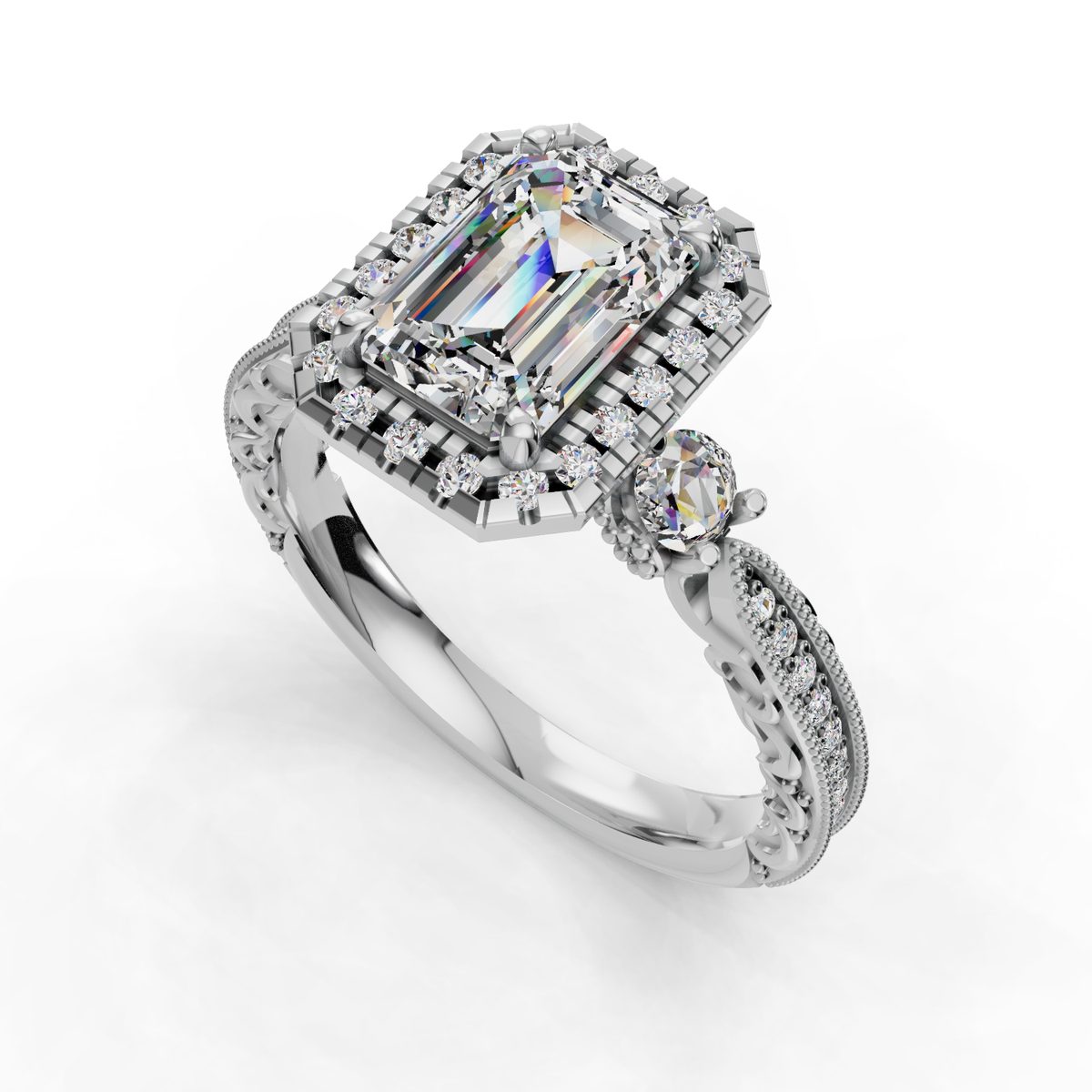 Quenara Halo Engagement Ring in white gold with an emerald center stone, 3D view
