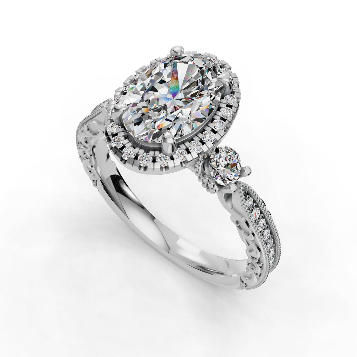 Quenara Halo Engagement Ring in white gold with an oval center stone, 3D view