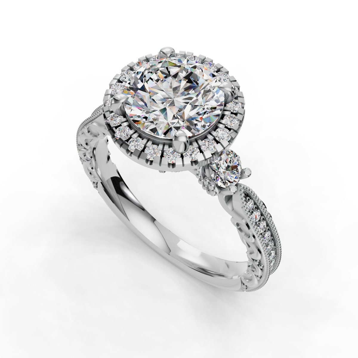 Quenara Halo Engagement Ring in white gold with a round center stone, 3D view