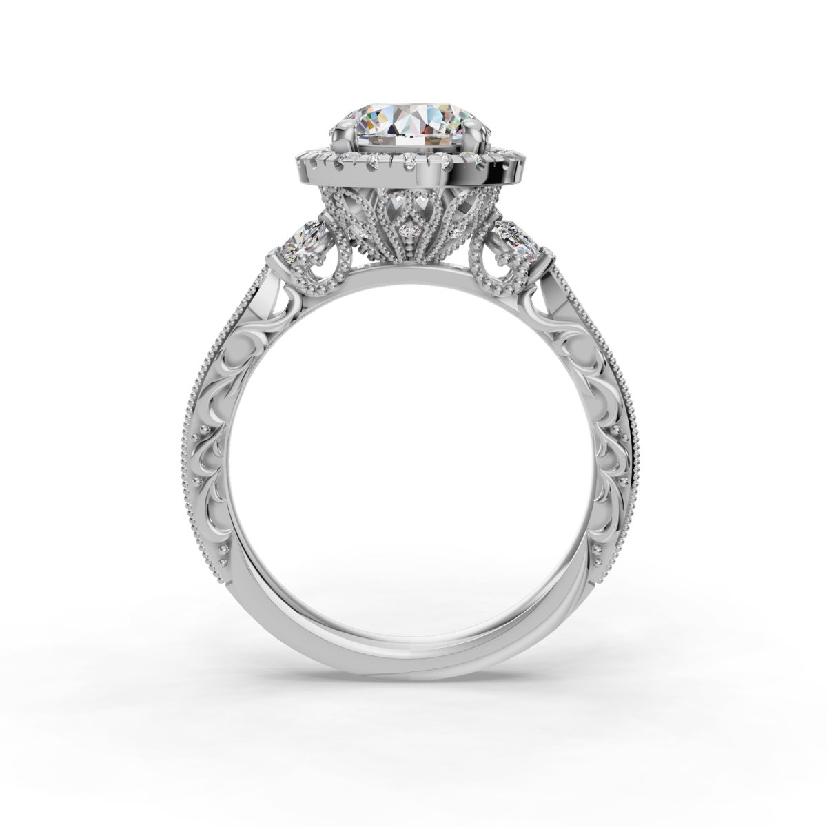 Quenara Halo Engagement Ring in white gold with a round center stone, front view