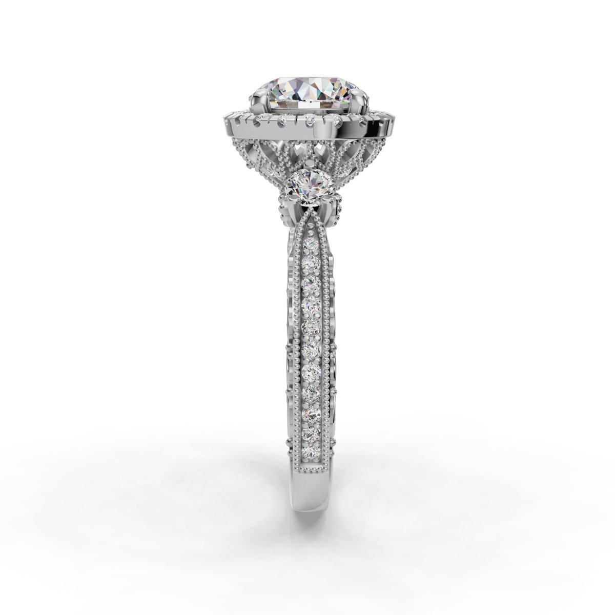 Quenara Halo Engagement Ring in white gold with a round center stone, side view
