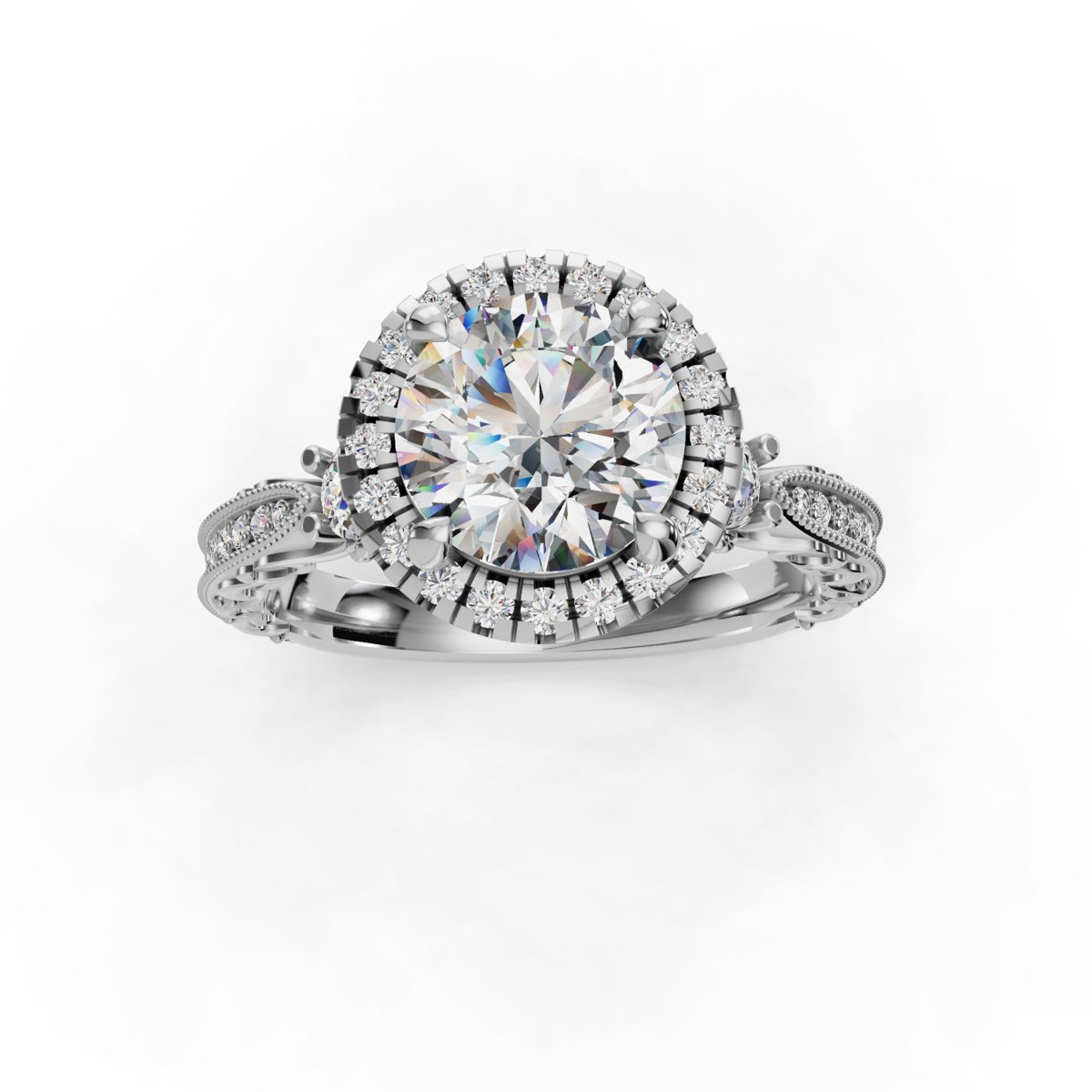 Quenara Halo Engagement Ring in white gold with a round center stone, top view