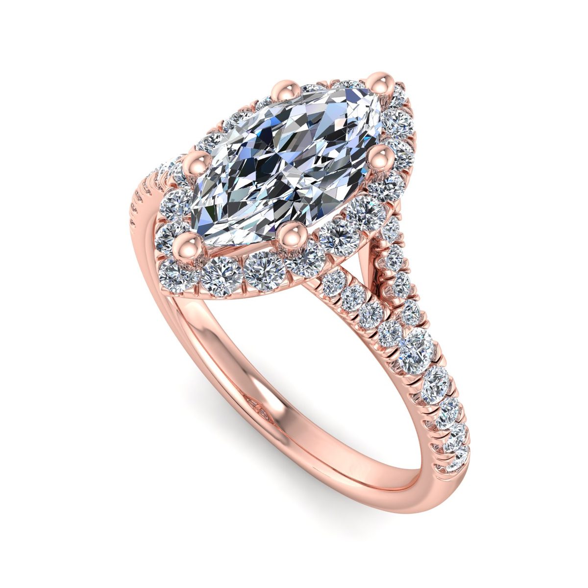 Sarnelle Halo Engagement Ring in rose gold with a marquise center stone, 3D view