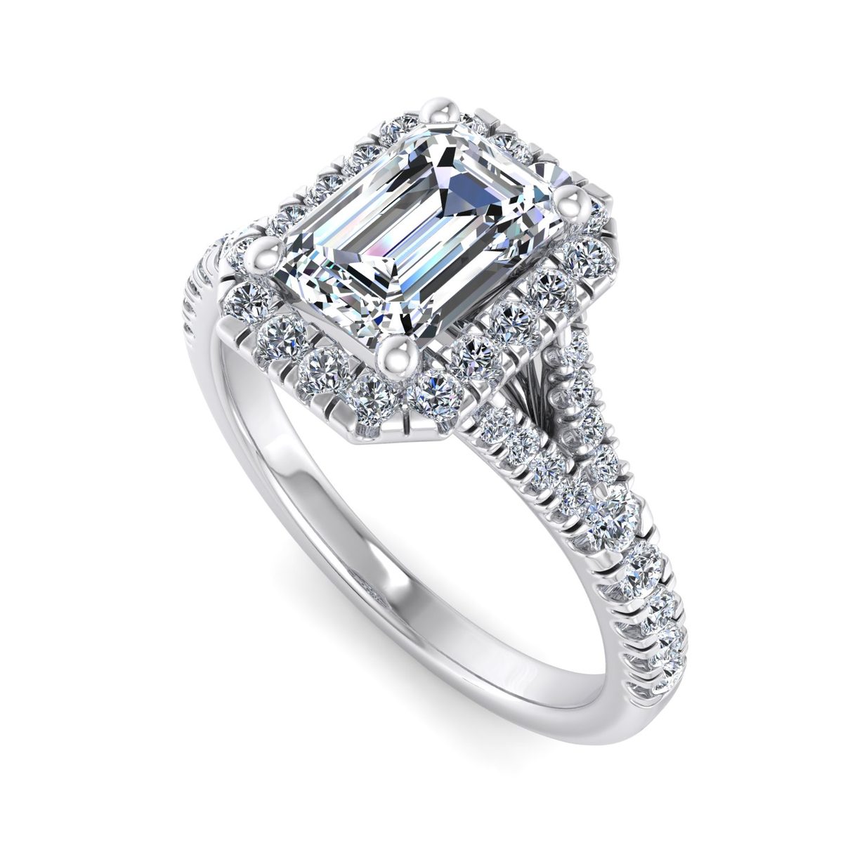 Sarnelle Halo Engagement Ring in white gold with an emerald center stone, 3D view