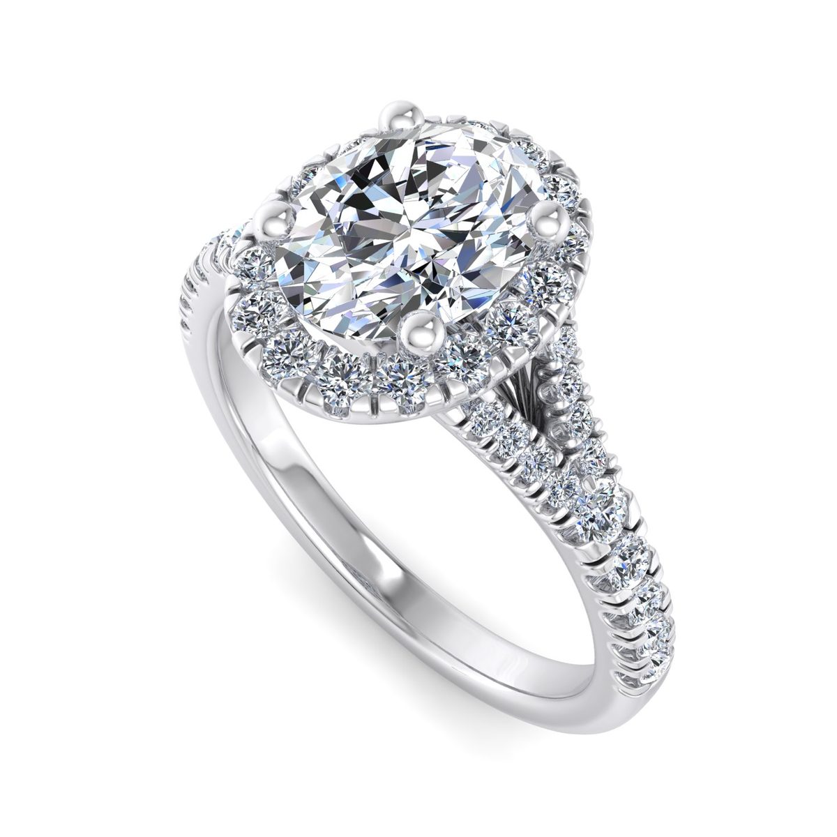 Sarnelle Halo Engagement Ring in white gold with an oval center stone, 3D view