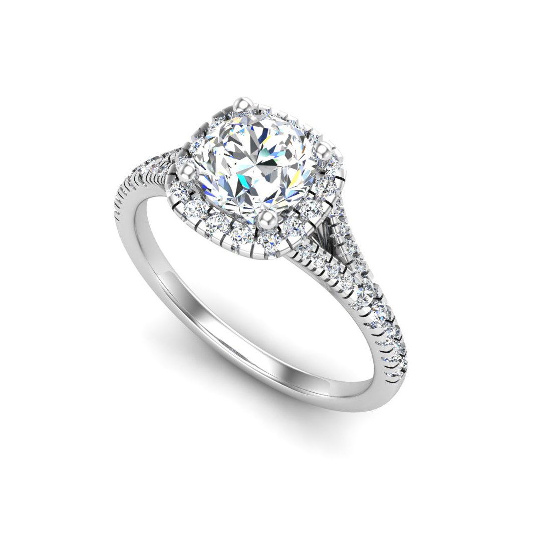 Sarnelle Halo Engagement Ring in white gold with a round center stone, 3D view