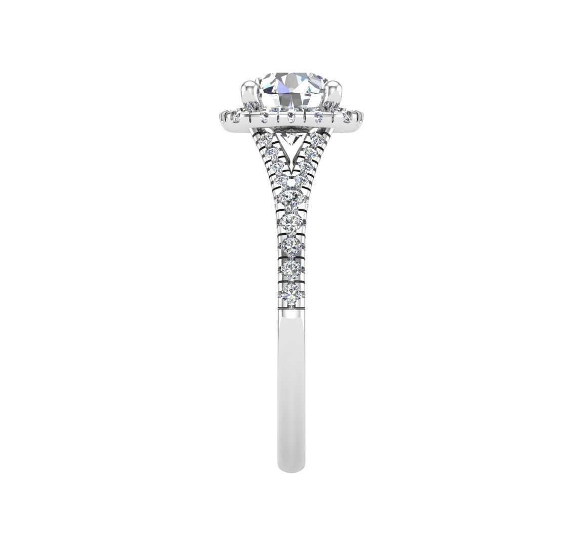 Sarnelle Halo Engagement Ring in white gold with a round center stone, side view