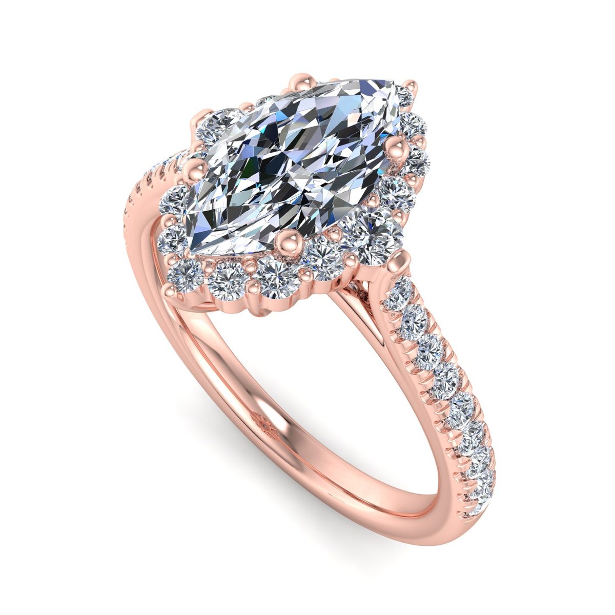 Yorvane Halo Engagement Ring in rose gold with a marquise center stone, 3D view