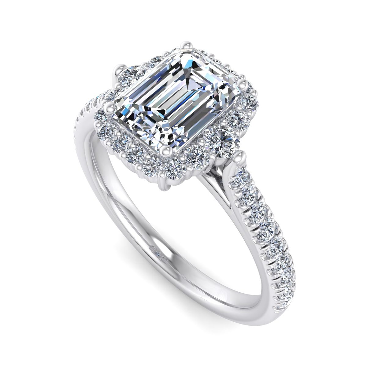 Yorvane Halo Engagement Ring in white gold with an emerald center stone, 3D view