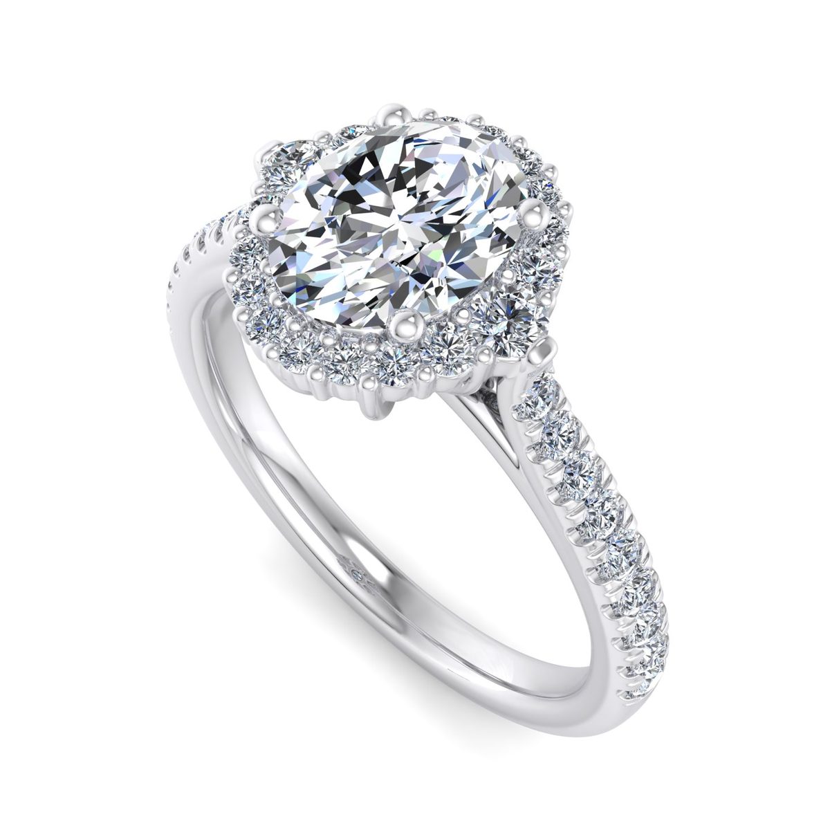 Yorvane Halo Engagement Ring in white gold with an oval center stone, 3D view