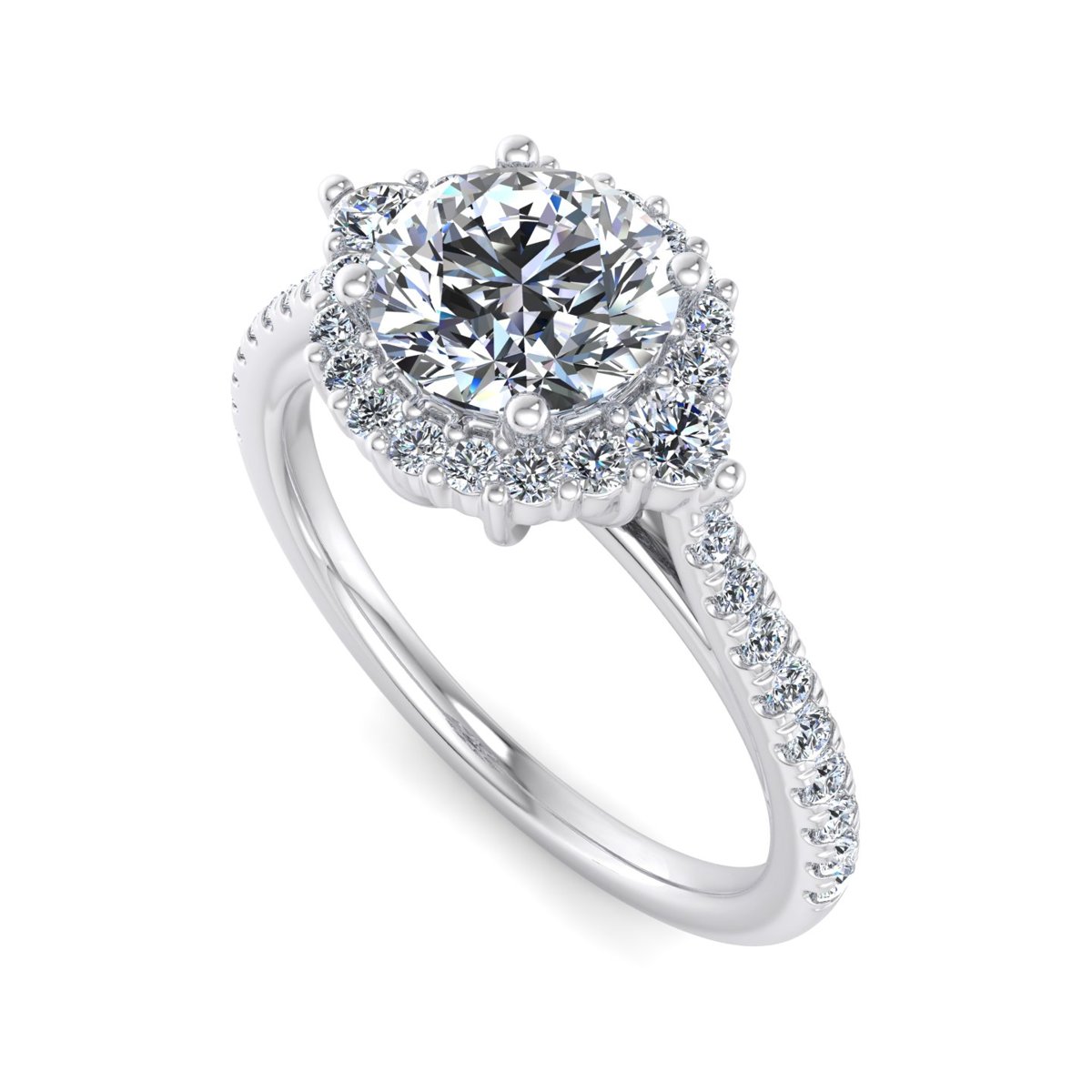 Yorvane Halo Engagement Ring in white gold with a round center stone, 3D view