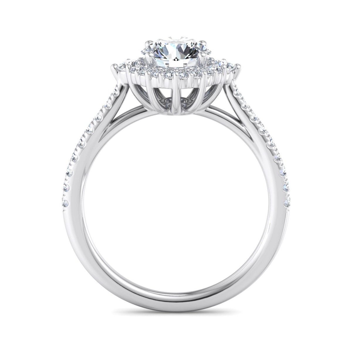 Yorvane Halo Engagement Ring in white gold with a round center stone, front view