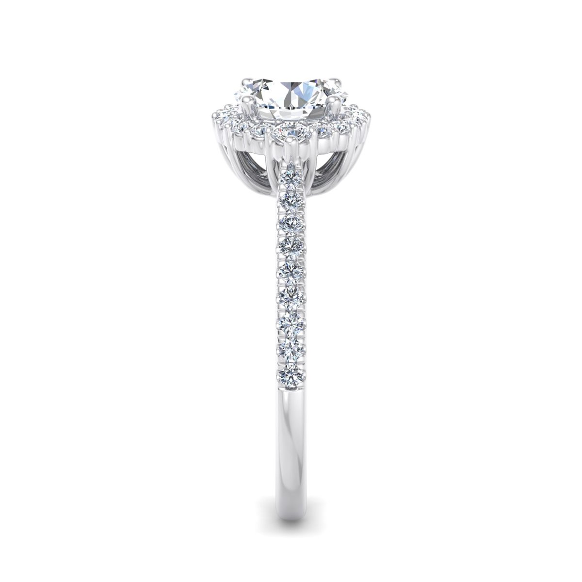 Yorvane Halo Engagement Ring in white gold with a round center stone, side view