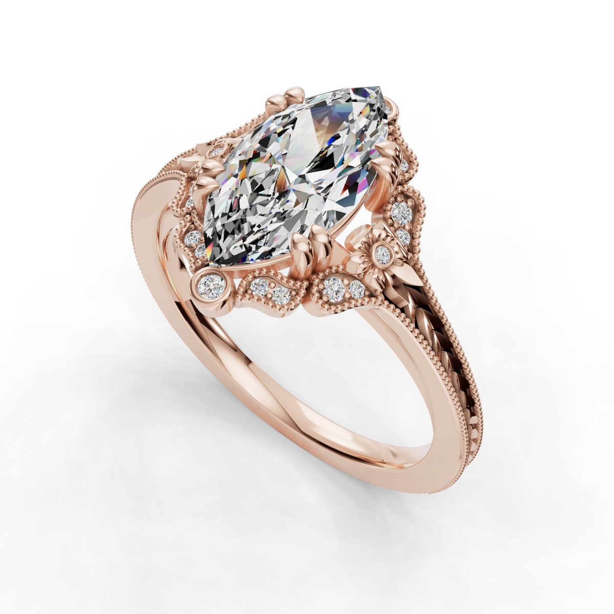 Arvelle Halo Engagement Ring in rose gold with a marquise center stone, 3D view