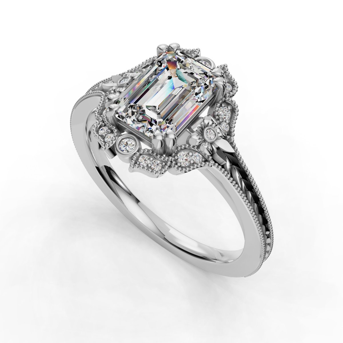 Arvelle Halo Engagement Ring in white gold with an emerald center stone, 3D view